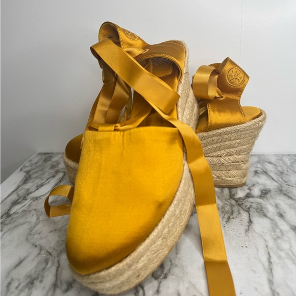 TORY BURCH Yellow Espadrille Wedges with Ankle Wrap - Picture 2 of 14